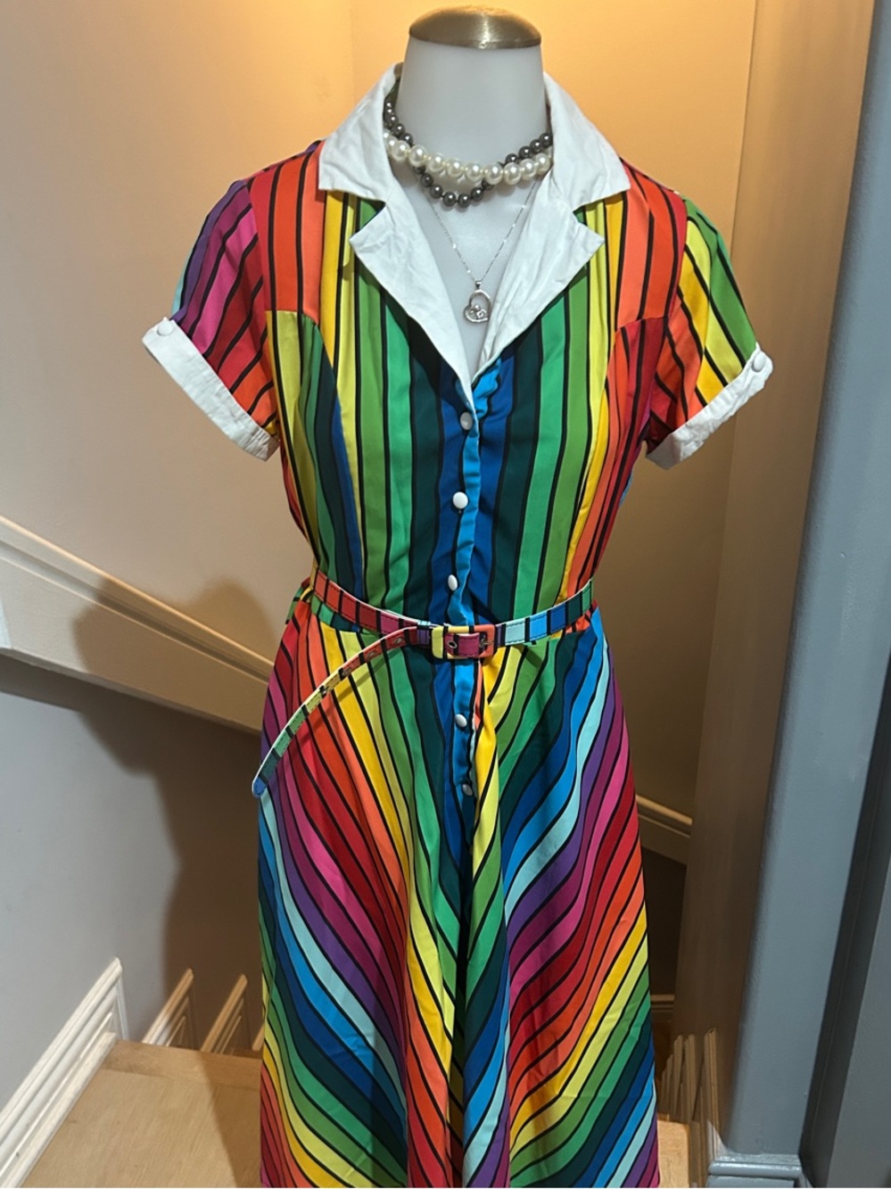 Uniquely Vintage Rainbow Striped Shirtwaist Dress with Belt